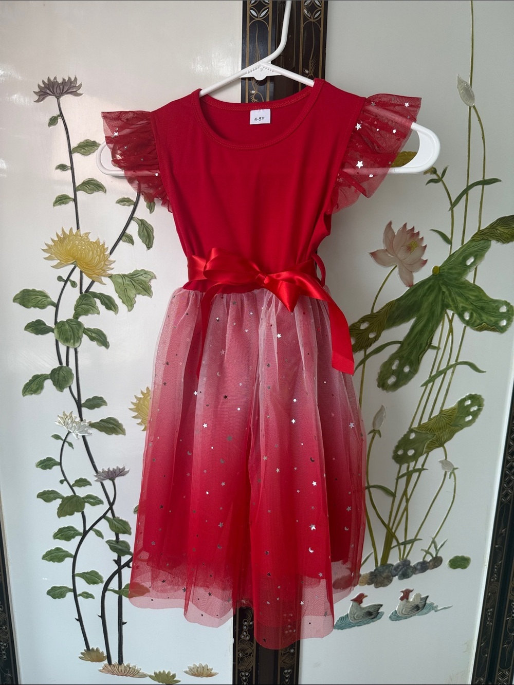 & Other Stories Red Tulle Sparkle Dress with Satin Bow and twinkling gold stars